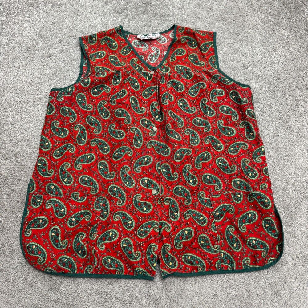 Vintage 80s Haband For Her Snap Apron Vest Top Womens Large Red Green Paisley